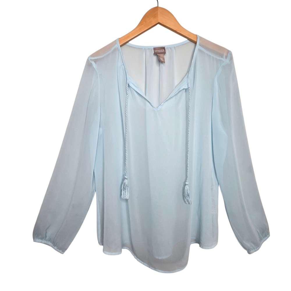 Chico's Women Light Blue Sheer Tassel Blouse‎ SZ Medium V-Neck Coastal Feminine